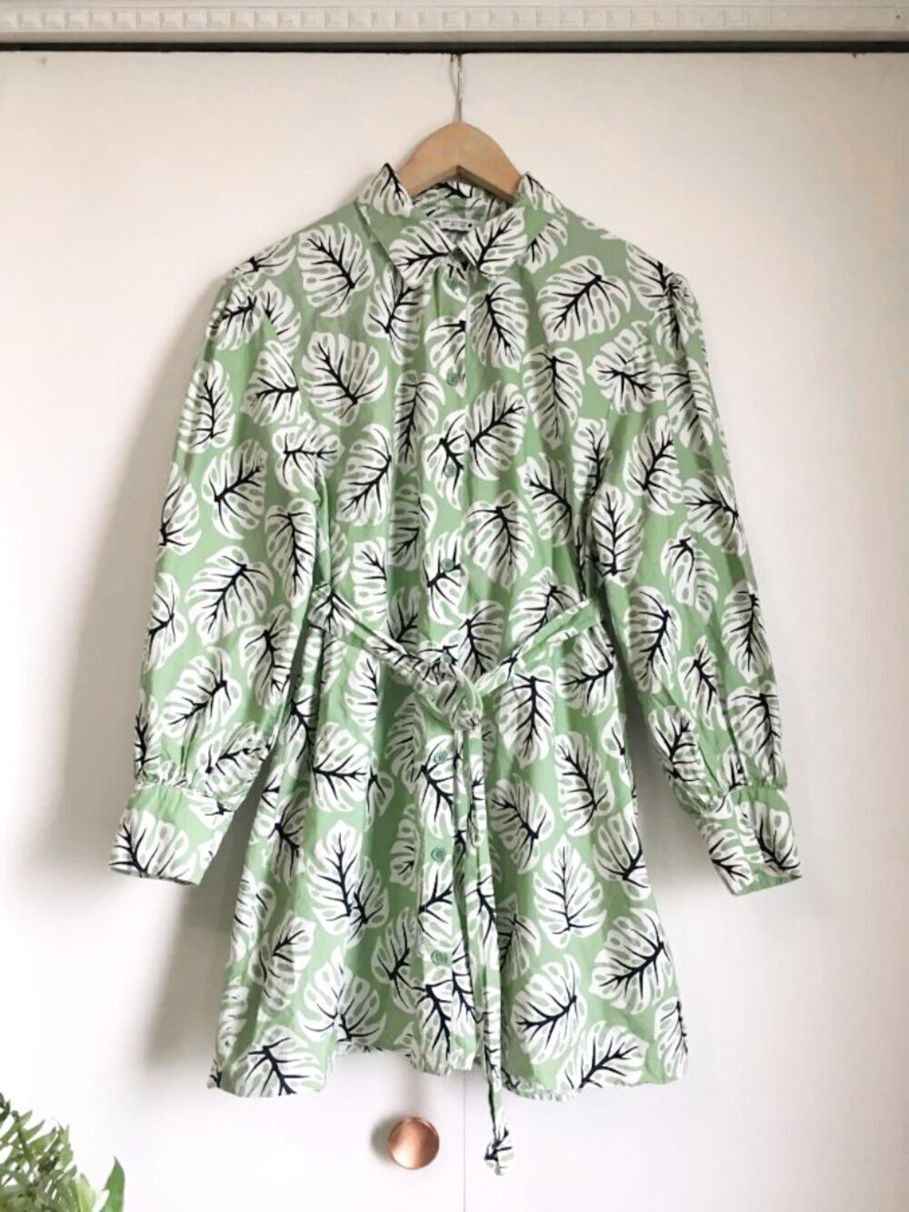 Zara Green Leaf Print Olivia Blogger's Fav Shirt Dress Belted Cotton Poplin - M